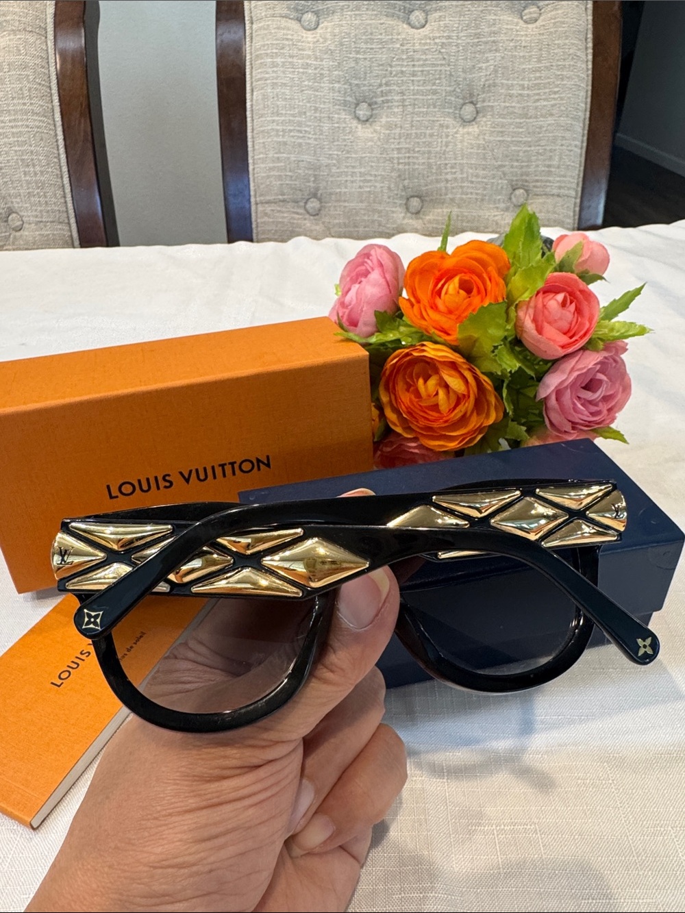 Authentic Louis Vuitton Black Sunglasses with Gold Chain Accent